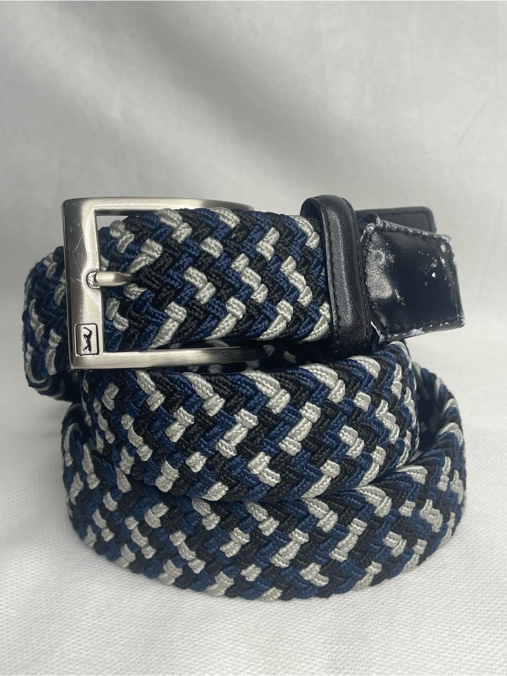 PGA Tour Woven Stretch Golf Belt Mens Size M 36/38 Blue Grey Black Leather Tab